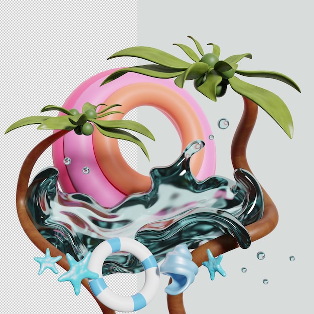 Verão festivo com respingos de água de concha de palmeiras ilustração 3d renderização em 3d