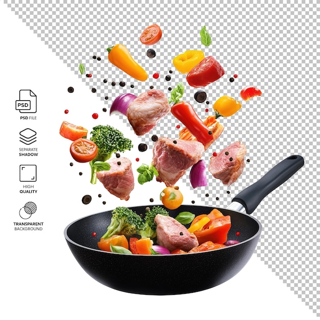 Las verduras y la carne están volando aisladas sin fondo.