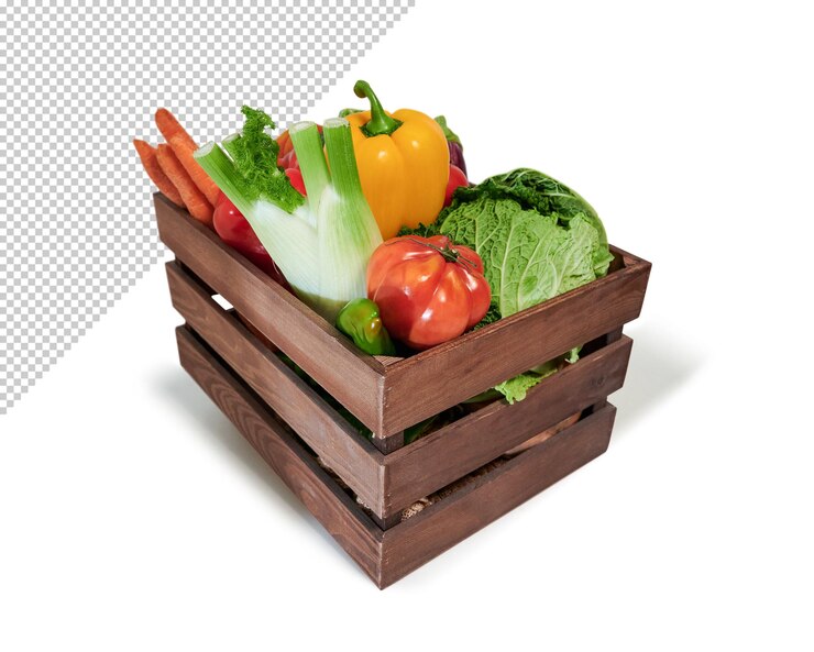 PSD verduras frescas en una caja de madera, maqueta