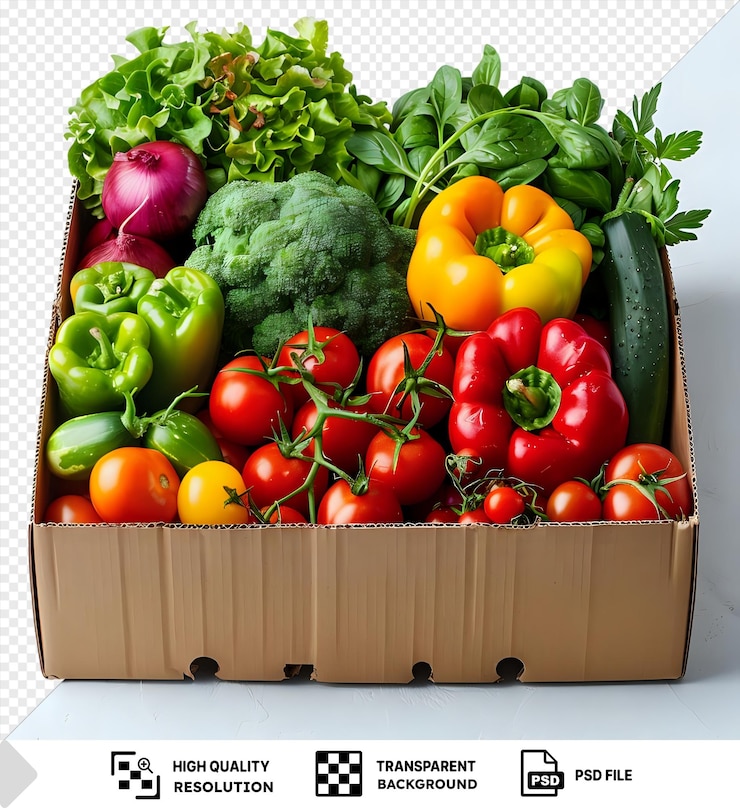 PSD verduras frescas transparentes en una caja de cartón espacio de concepto de entrega de alimentos frescos y saludables para texto png psd