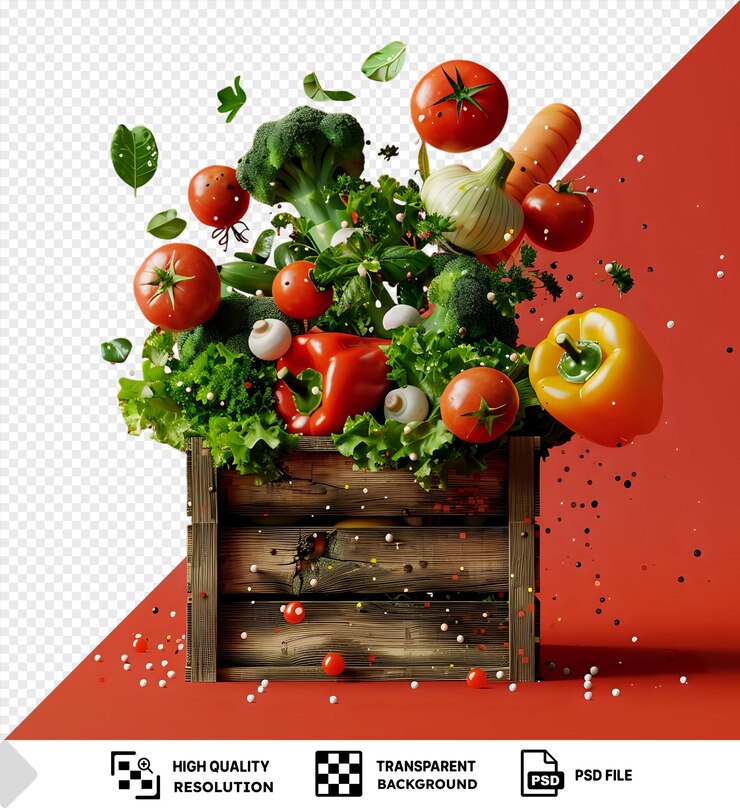 PSD verduras que vuelan en caja de madera maqueta de verduras que vuelan en caixa de madera tomate rojo brócoli verde cebolla blanca y hoja verde png