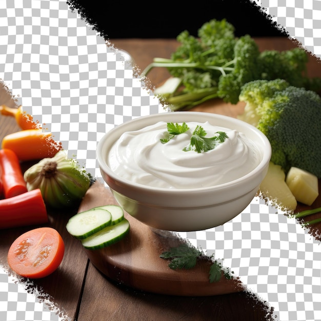 Verduras sobre mesa de fondo transparente con crema agria