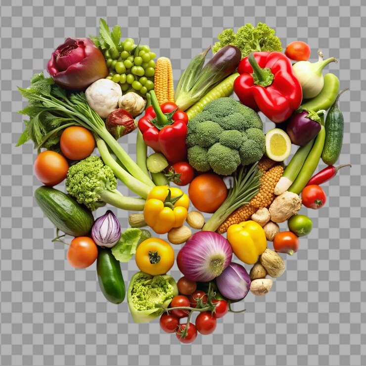 PSD verduras variadas que forman forma de corazón sobre un fondo transparente