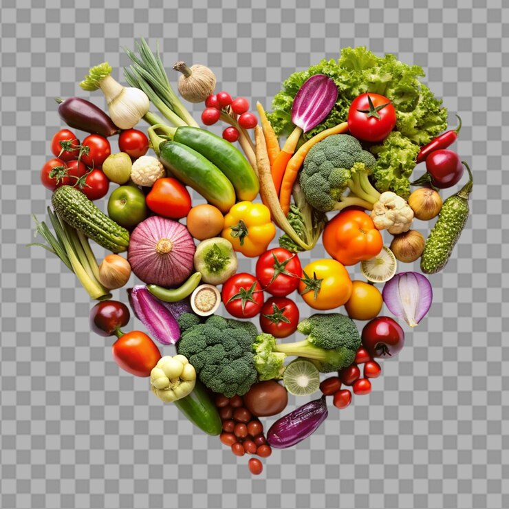 PSD verduras variadas que forman forma de corazón sobre un fondo transparente
