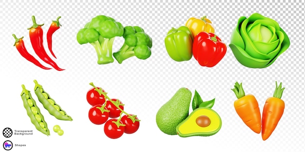 Verdure e frutta isolate set di icone di rendering 3D cibo sano organico pomodoro fresco ciliegio su ramo carota avocado broccoli piselli verdi cavolo colore peperoncino e peperoncinio rosso
