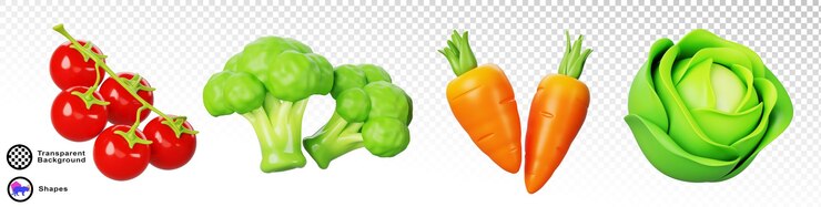 PSD verdure fresche set di icone di rendering 3d tomato ciliegina sul ramo broccolo carota e cavolo isolati su sfondo bianco alimenti sani prodotti agricoli biologici elementi di design dei cartoni animati