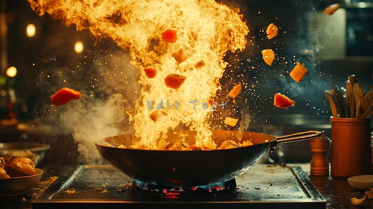 PSD verdure in fiamme gettate in un wok