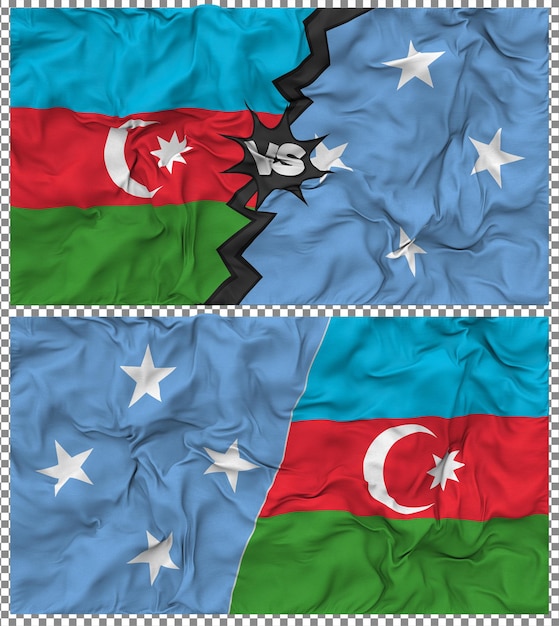Vereinigte Staaten von Mikronesien gegen Aserbaidschan Halbkombinierte Flagge Stoff Bump Texture 3D-Rendering
