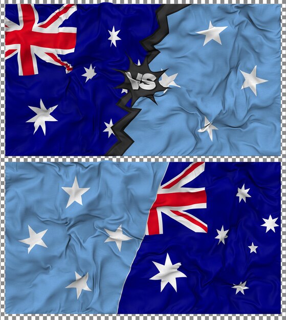 Vereinigte Staaten von Mikronesien gegen Australien Halbkombinierte Flagge Stoff Stumpf Textur 3D-Rendering