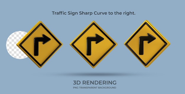 Verkehrszeichen scharfe Kurve nach rechts 3D-Rendering transparenter Hintergrund