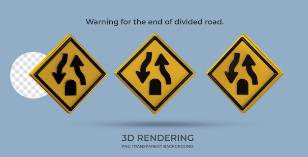 Verkehrszeichenwarnung für das Ende einer geteilten Straße 3D-Darstellung transparenter Hintergrund