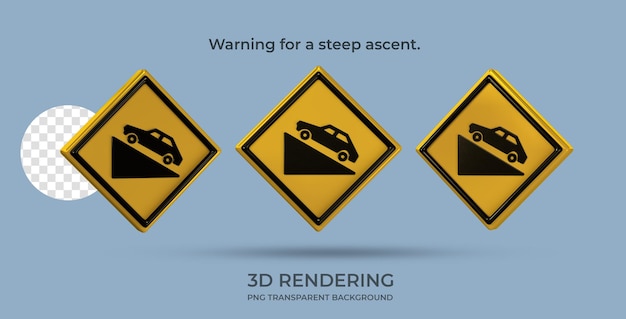 Verkehrszeichenwarnung für einen steilen Aufstieg 3D-Rendering transparenter Hintergrund