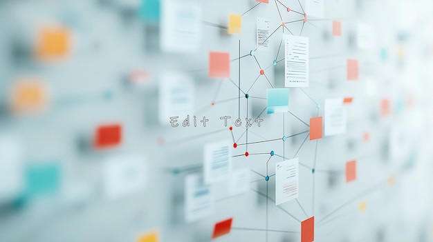 Verknüpfte Dokumente und Notizen an einer Wand, die ein komplexes Projekt oder eine komplexe Strategie darstellen