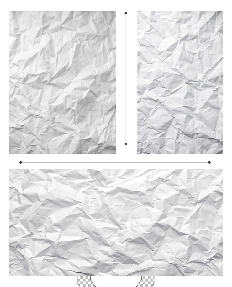 PSD verkrümmte weiße papierblätter, die auf einem leeren hintergrund angeordnet sind, zeigen textur und muster