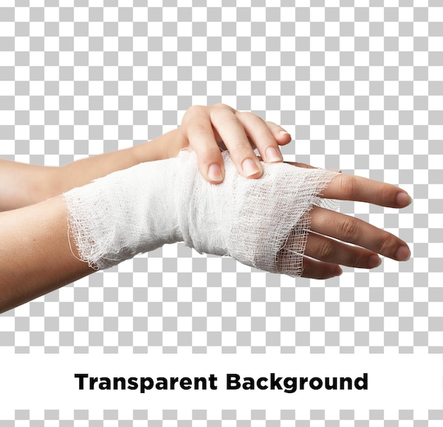 Verletzte Hand mit isolierter Bandage auf durchsichtigem Hintergrund
