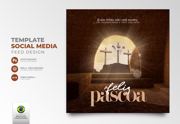 Veröffentlichen Sie frohe Ostern für das Christentum in den sozialen Medien in portugiesischer 3D-Darstellung