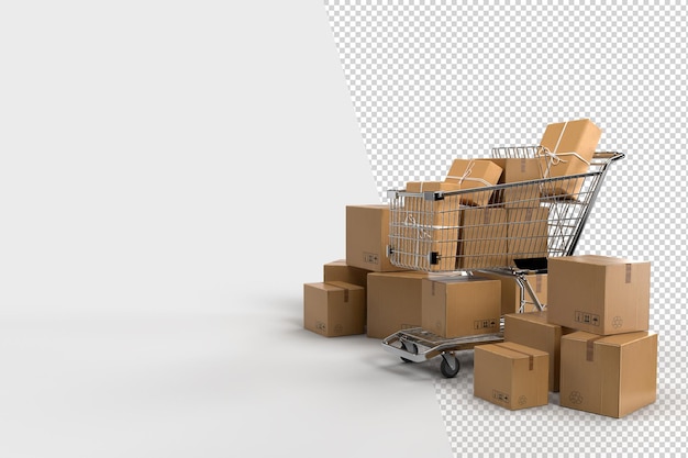 PSD verpacken von kartons aus papier mit einkaufswagen. lagerkonzept für lieferung, fracht, logistik und transport. 3d-rendering
