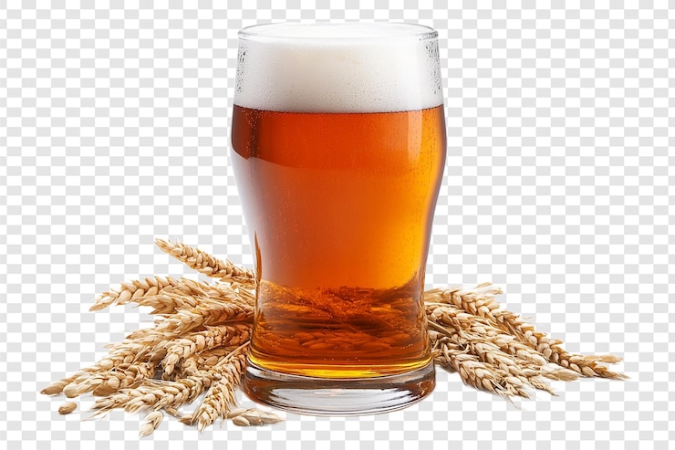 PSD un verre de bière doré rafraîchissant avec des pointes de blé, de la mousse de bar à bière.