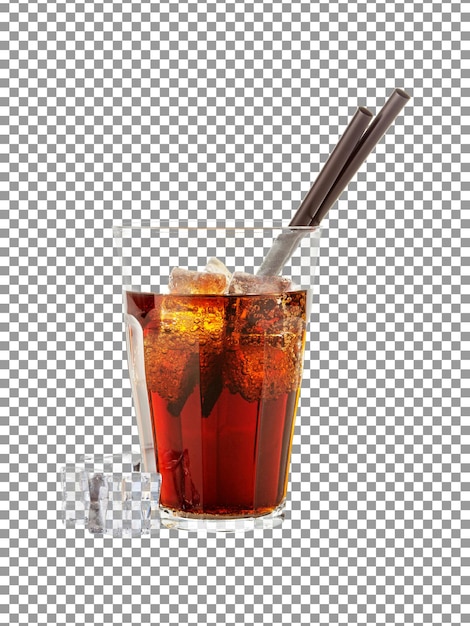 PSD verre de boisson cola savoureux avec de la paille et des glaçons isolés sur fond transparent
