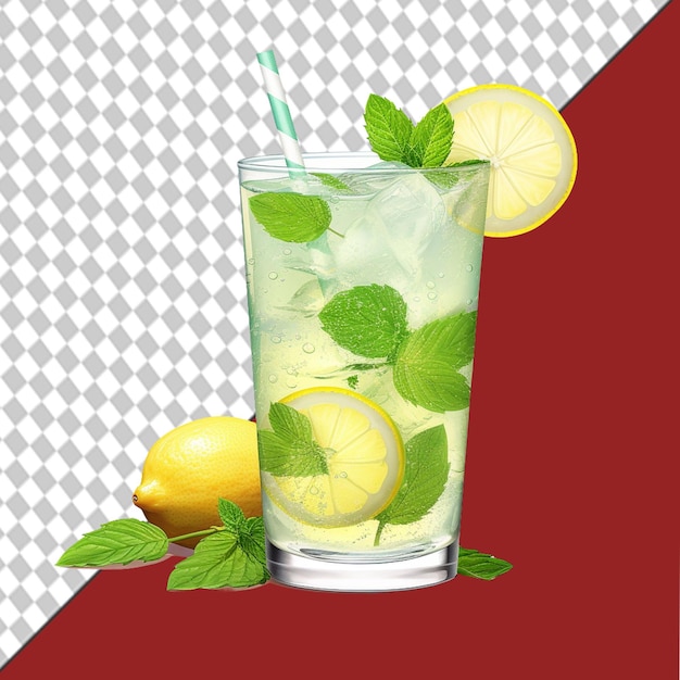 PSD un verre de boisson de limonade avec une tranche de citron et des feuilles de menthe sur fond blanc