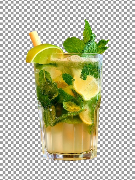 Un verre de boisson à la limonade avec une tranche de citron vert et des feuilles de menthe isolées sur fond transparent