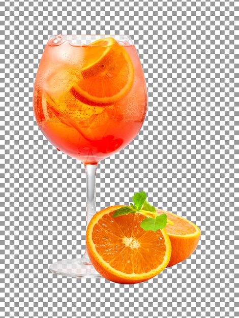 PSD verre à cocktail orange frais avec tranches et feuille verte sur fond transparent