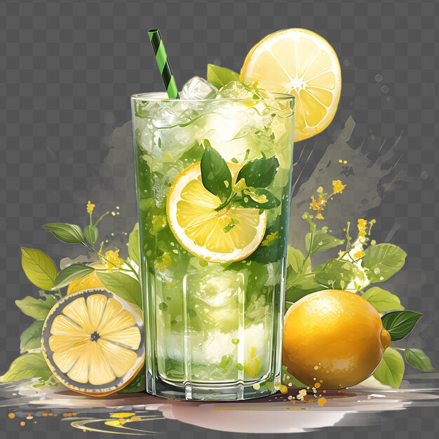 PSD un verre de jus de citron vert avec des citrons et des citrons verts