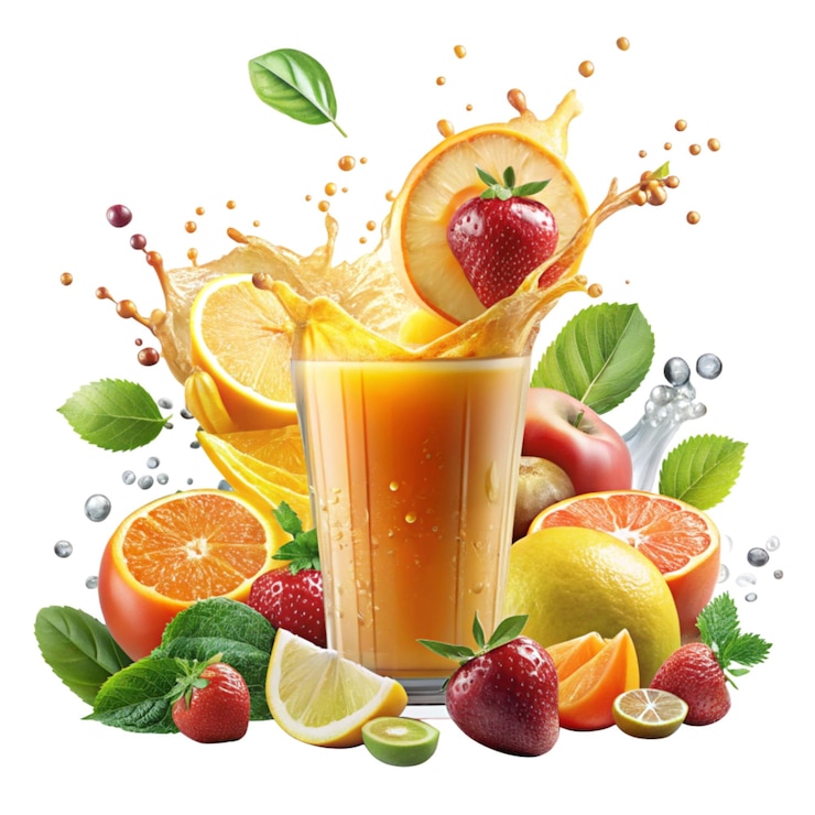 PSD un verre de jus d'orange entouré de divers fruits splash psd sur un fond png transparent 20