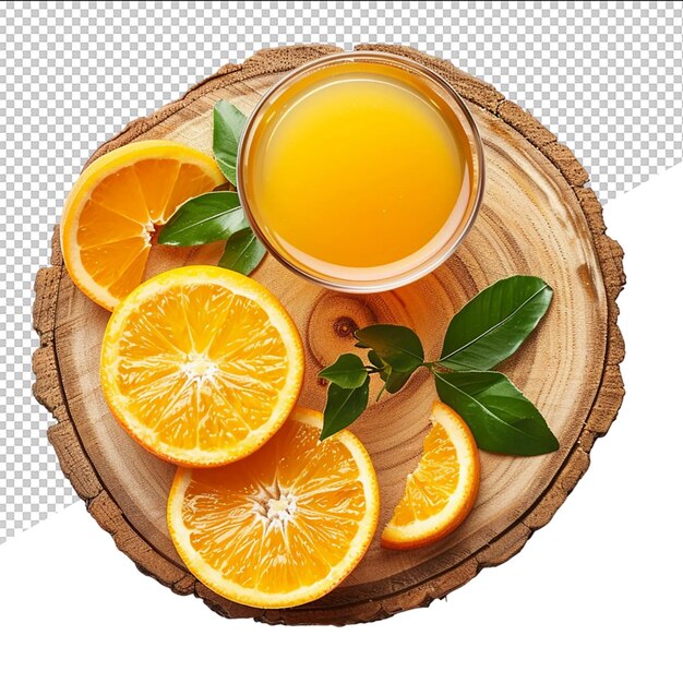 PSD un verre de jus d'orange est posé sur une planche à couper en bois