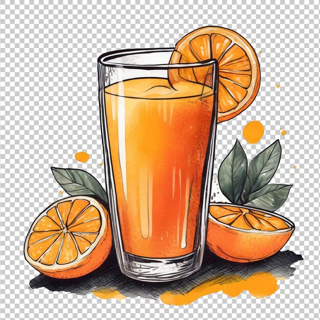 PSD verre de jus d'orange avec de la paille et des oranges mûres sur un fond transparent