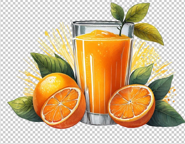 PSD verre de jus d'orange avec de la paille et des oranges mûres sur un fond transparent