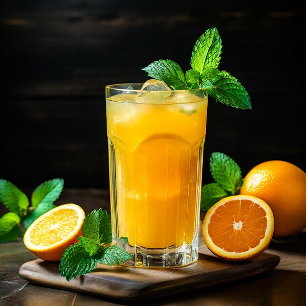 PSD un verre de jus de pastèque avec des feuilles de menthe sur une table en bois