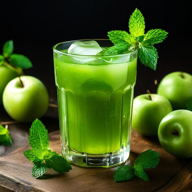 PSD un verre de jus de pastèque avec des feuilles de menthe sur une table en bois