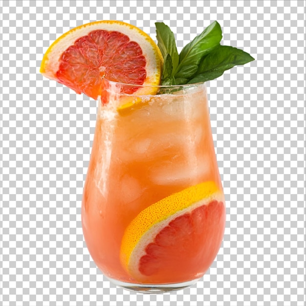un verre de jus avec une tranche de pamplemousse sur un fond transparent