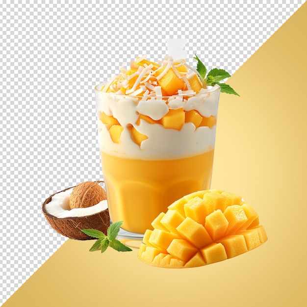 un verre de lait de coco avec une noix de coco et de coco dessus