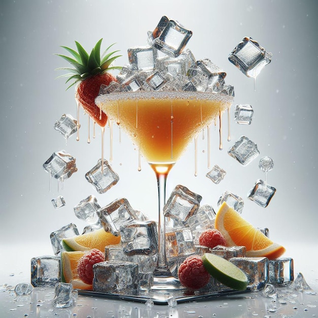 PSD un verre de martini avec des cubes de glace et des ananas dessus