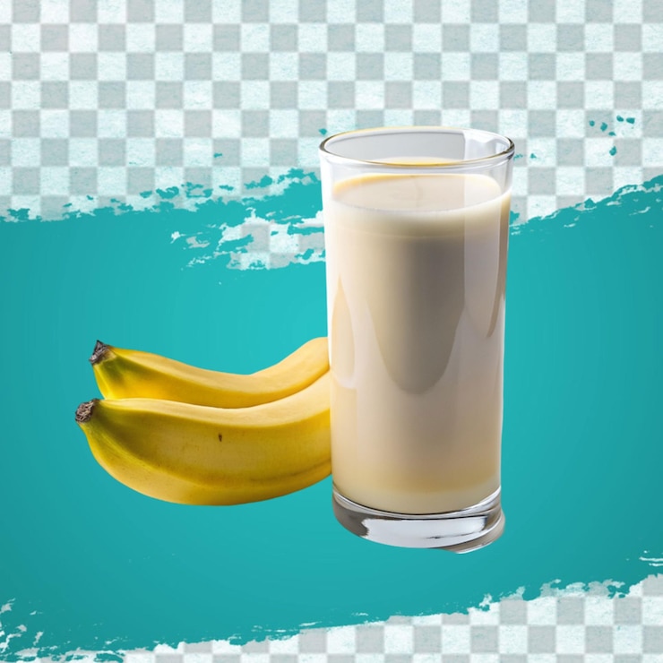 PSD verre de smoothie de banane avec tranche et paille composition réaliste avec un bouquet de fruits non pelés