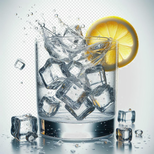 PSD un verre de vodka sur des cubes de glace avec un coin de citron sur un fond transparent