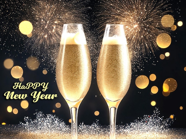 PSD des verres de champagne avec des éclaboussures et des feux d'artifice prêts à apporter la nouvelle année 2024