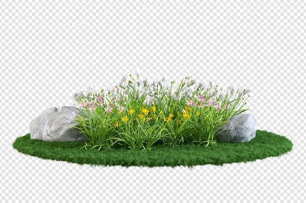 Verschiedene Arten von Gras und Blumen in 3D-Rendering isoliert