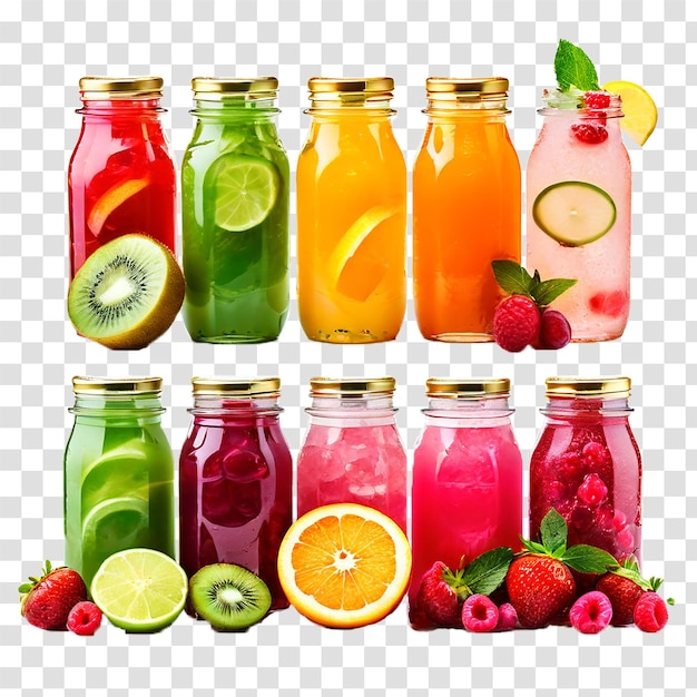 PSD verschiedene bunte frische fruchtsaft in glasflaschen auf durchsichtigem hintergrund
