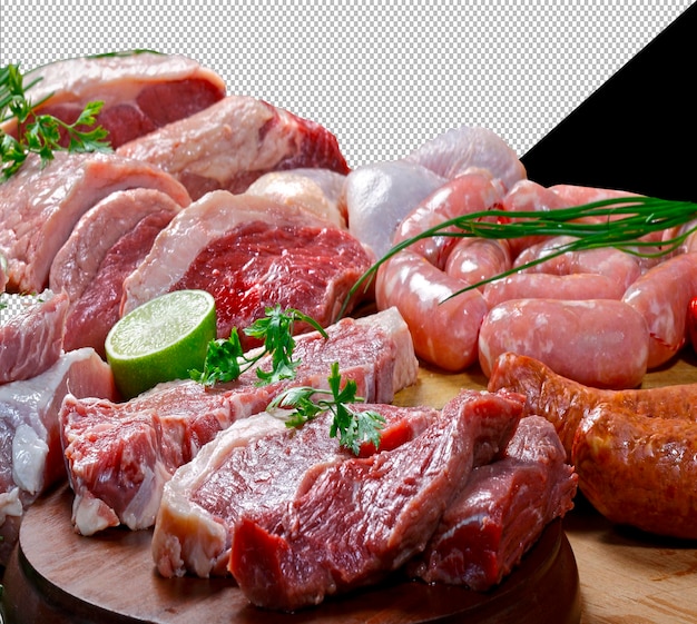 Verschiedene Fleischsorten Rindfleisch Huhn Schweinefleisch Würstchen Picanha