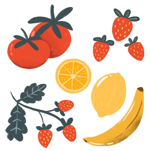 Verschiedene handgezeichnete Fruchtdesignelemente, darunter Tomaten, Erdbeeren, Bananen und Zitronen