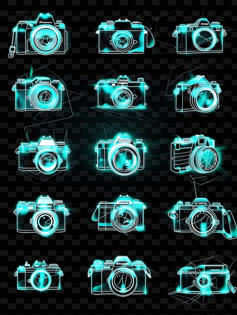 PSD verschiedene kamera-ikonen mit glühender aura und umriss-stil-set png iconic y2k shape art decorative