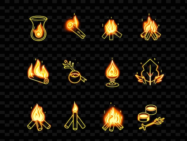 PSD verschiedene lagerfeuer-ikonen mit glühender aura und game arcane set png iconic y2k shape art decorative