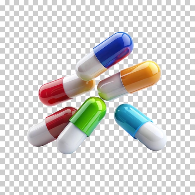 Verschiedene Medikamente in Kapseln und Tabletten mit durchsichtigem Hintergrund