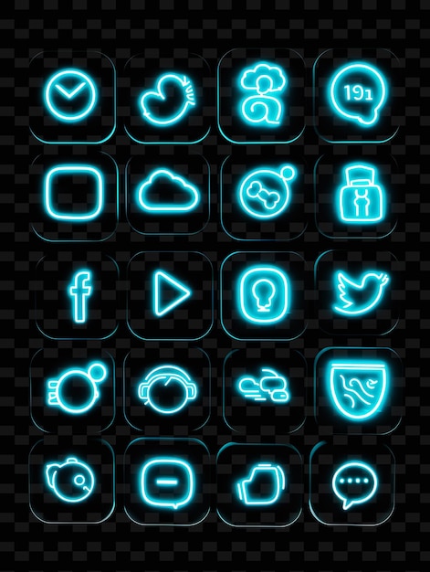 Verschiedene soziale ikonen mit einem strahlenden lumineszenzeffekt und set png iconic y2k shape art decorative