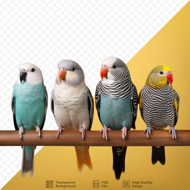 PSD verschiedene vogelarten vor einem transparenten hintergrund, darunter sittiche, graupapageien, zebrafinken und nymphensittiche