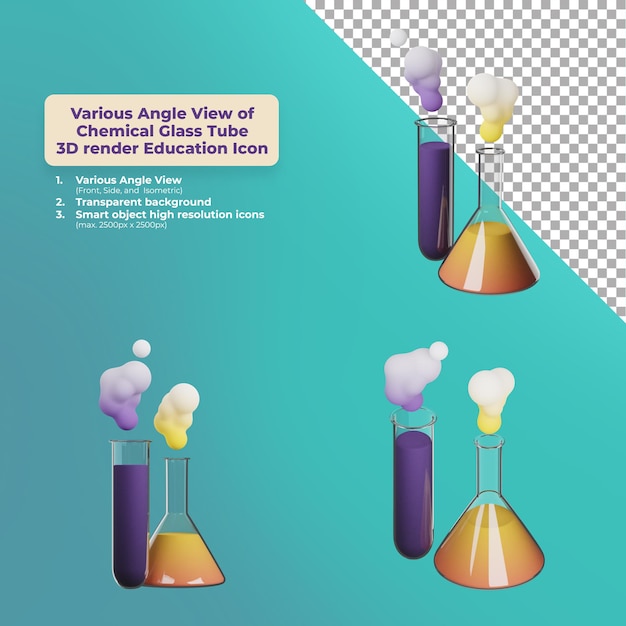 Verschiedene winkelansicht chemisches glasrohr 3d-render-bildungssymbol