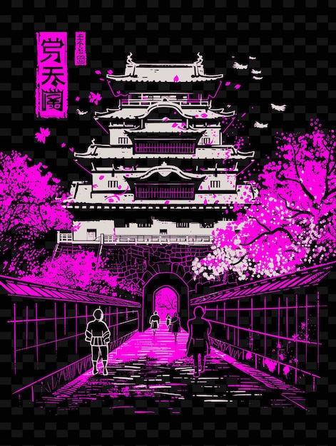 PSD une version en noir et blanc d'un temple japonais avec un homme et une femme en robe noire